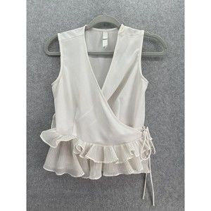 Kazo Women's Wrap Blouse Solid White Ruffle Hem Size Small Sleeveless Tunic